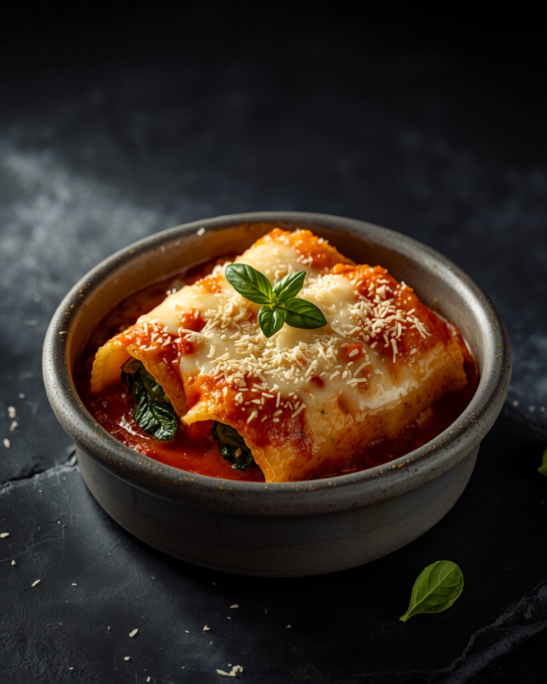 Spinach and ricotta cannelloni in tomato sauce