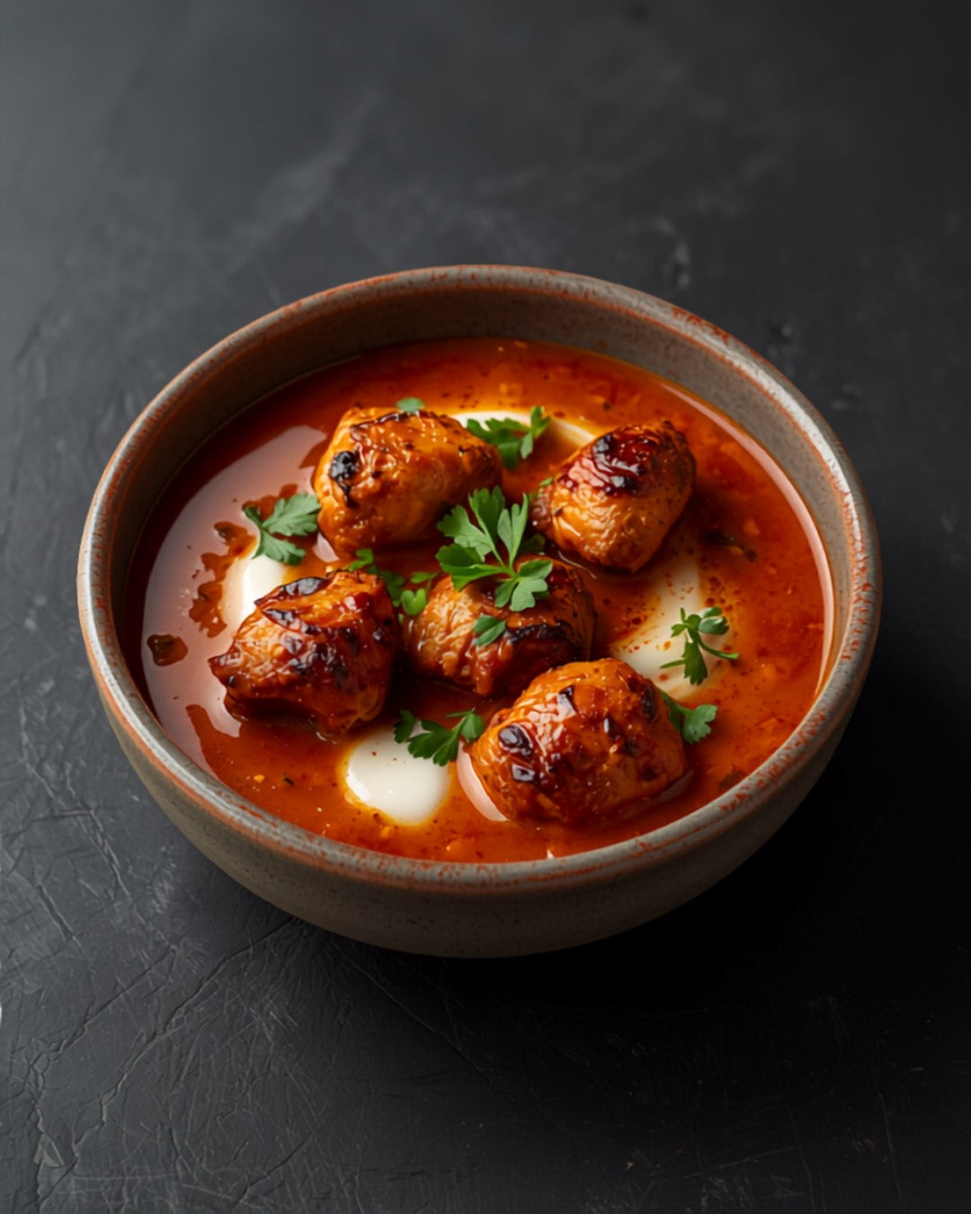 Tandoori chicken makhani in a stoneware bowl