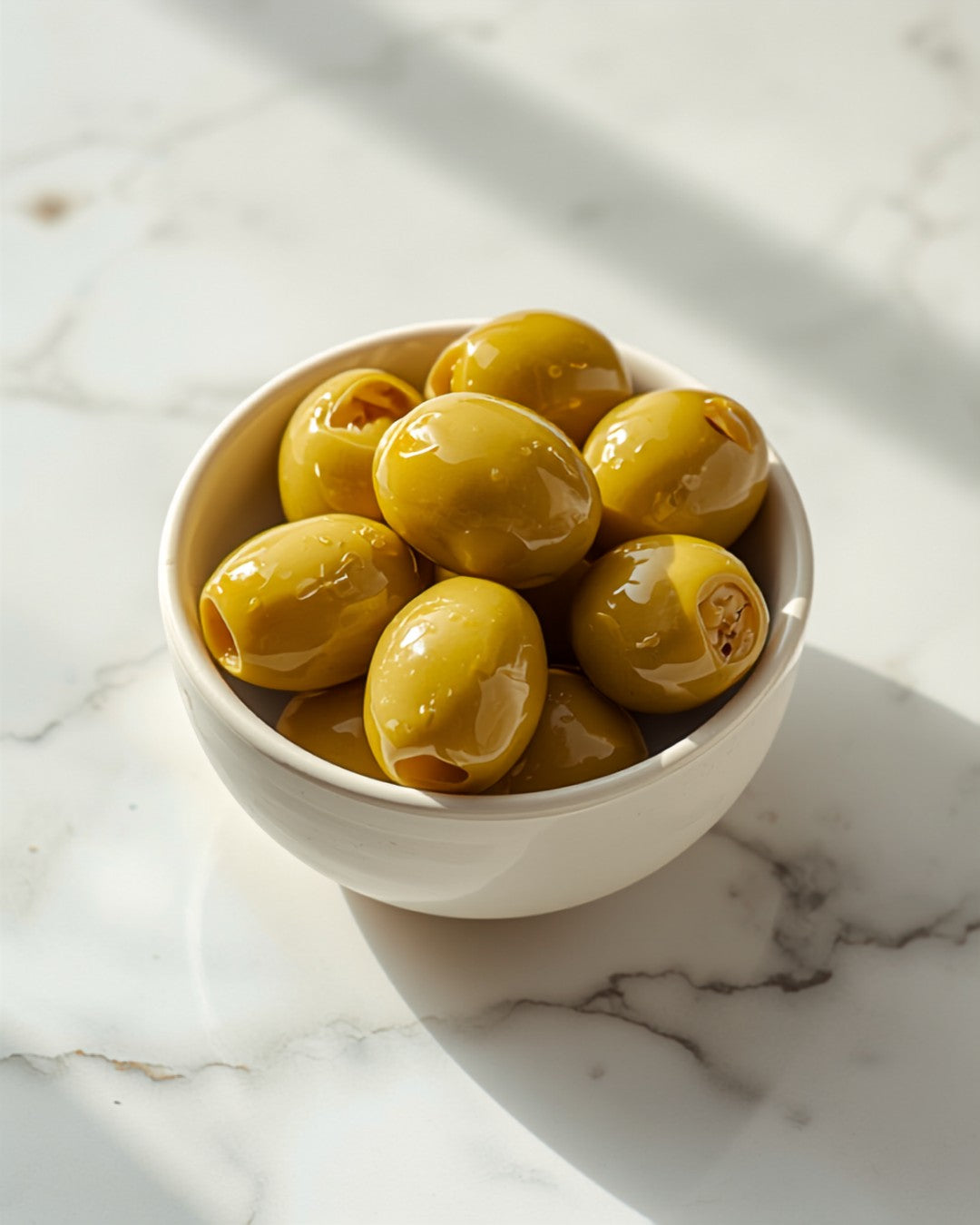 Bowl of large green olives