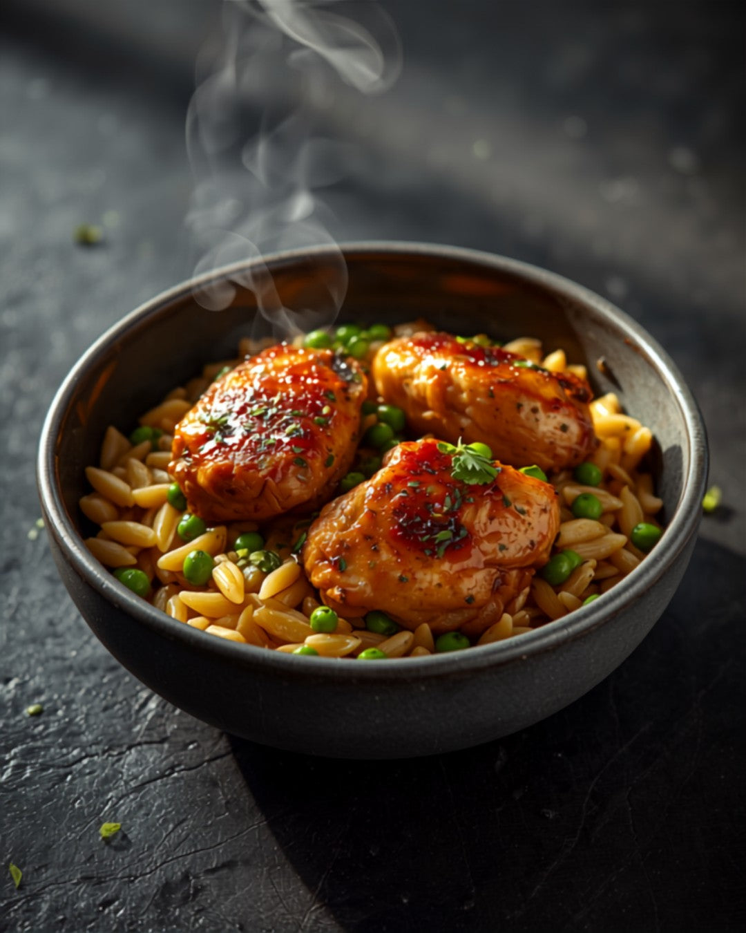 Roast chicken with orzo, peas and gremolata
