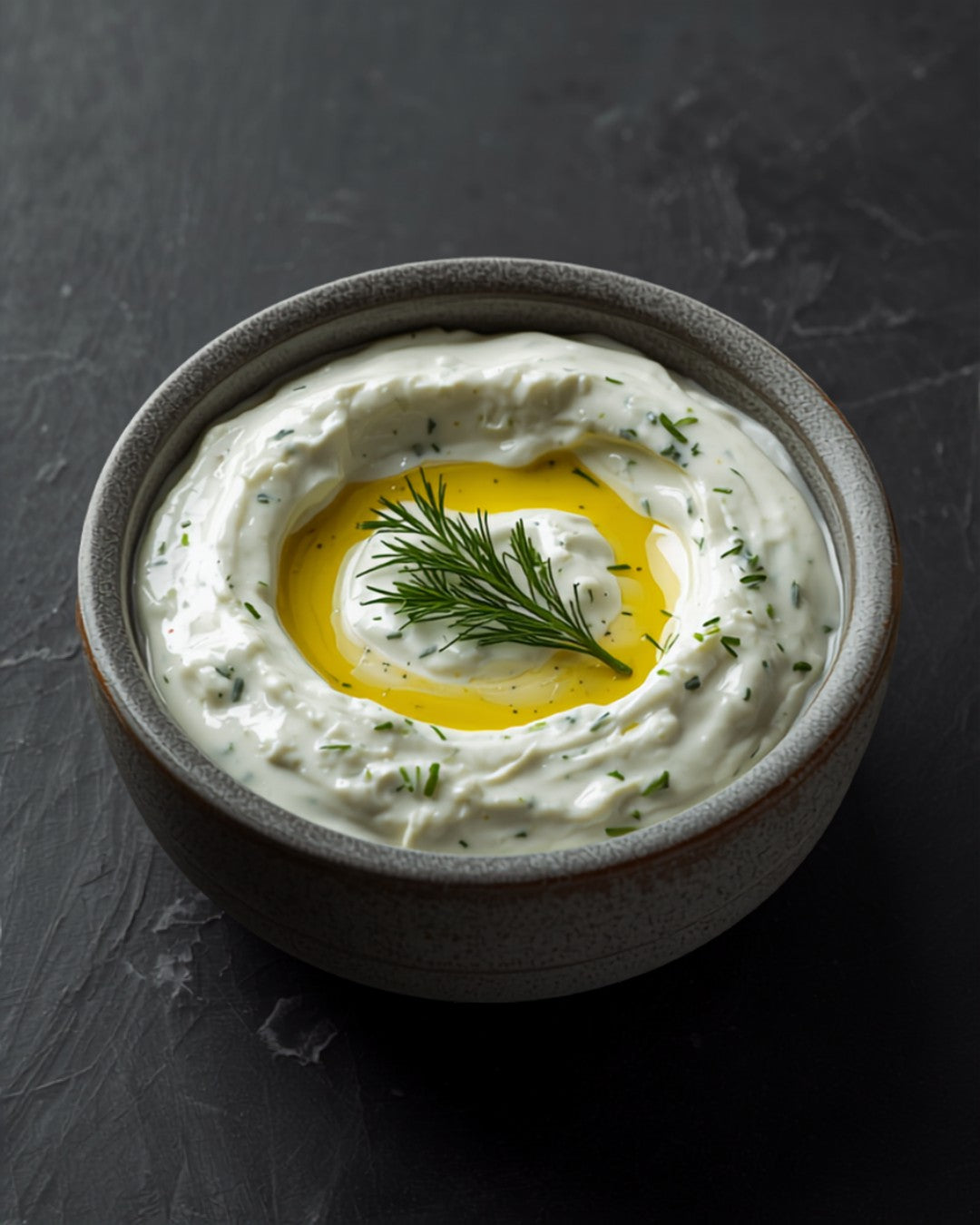 Tzatziki with dill in a stoneware bowl
