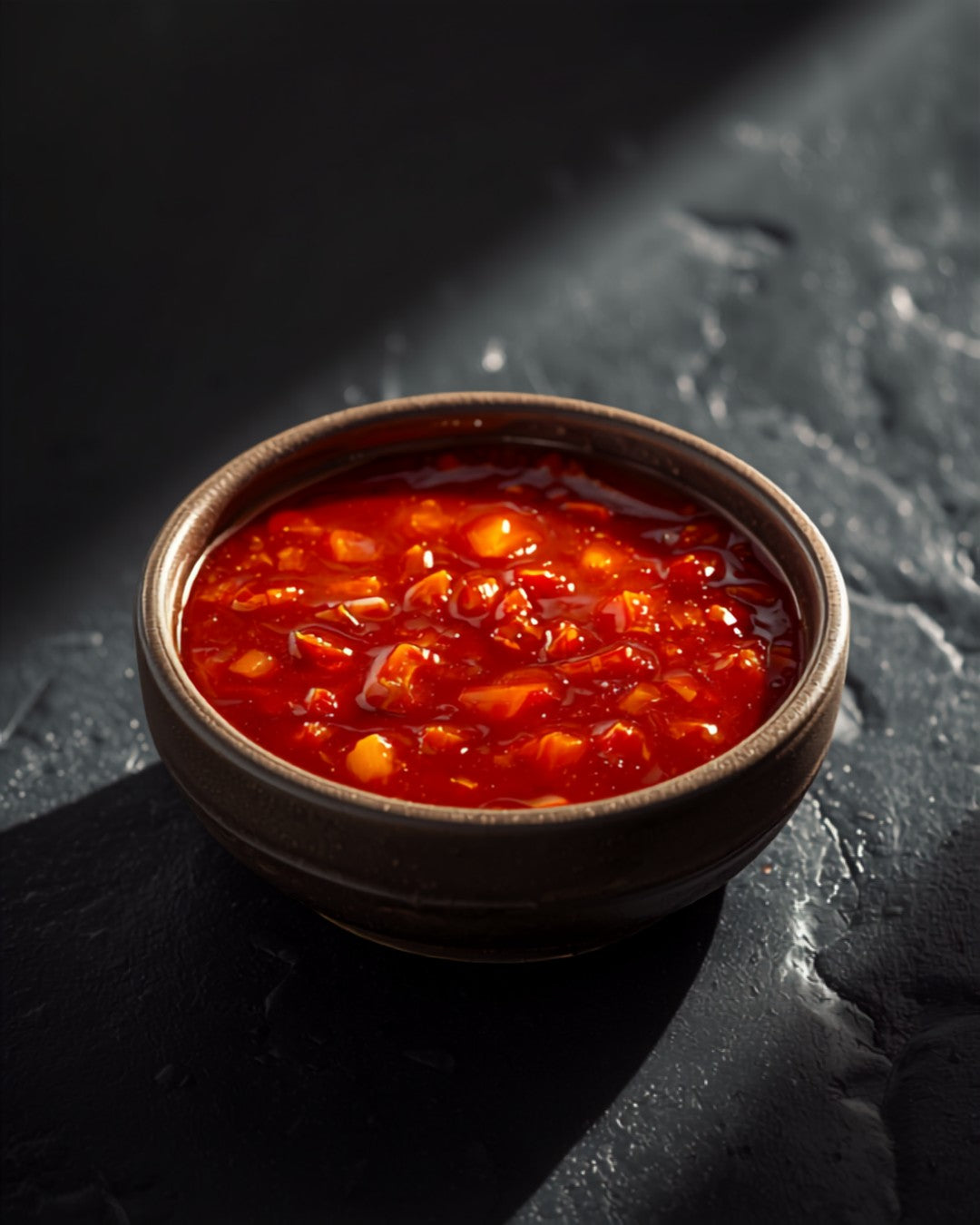 Nik's Kitchen chilli sauce in a stoneware dish