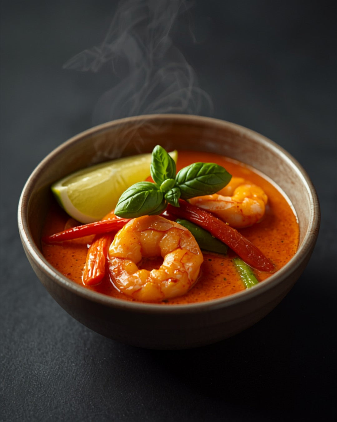 Thai Red Prawn Curry in a stoneware bowl