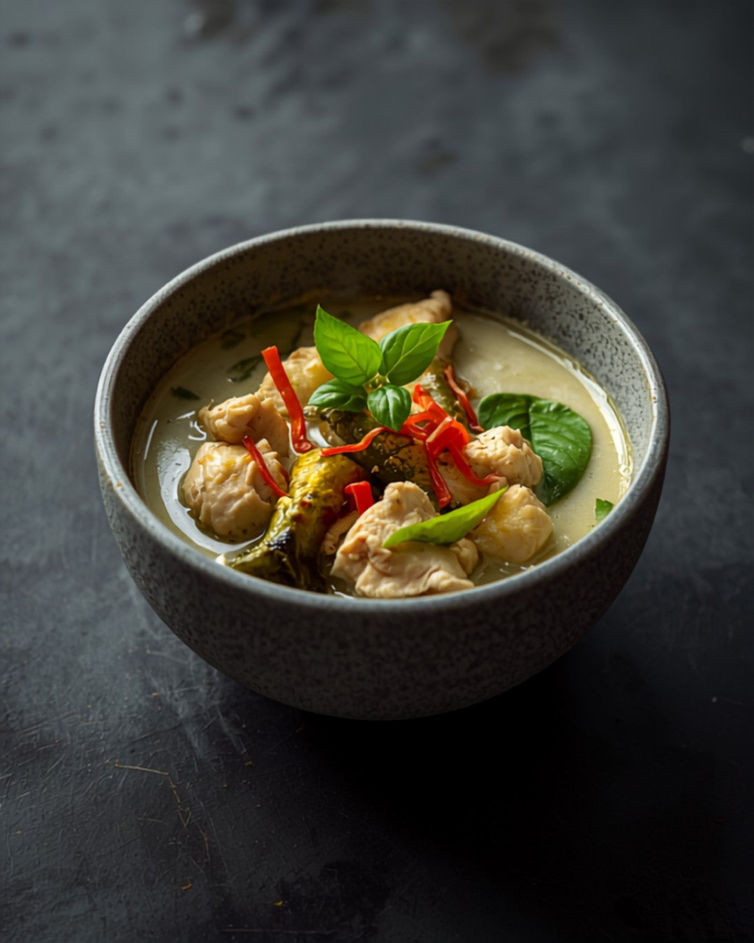 Thai Green Chicken Curry in a stoneware bowl