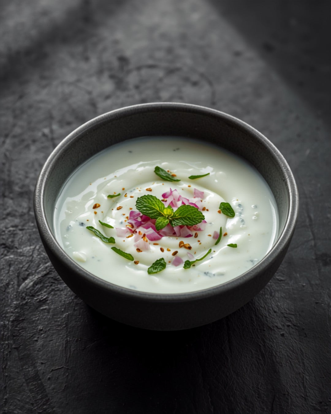 Cucumber and mint raita in a stoneware bowl