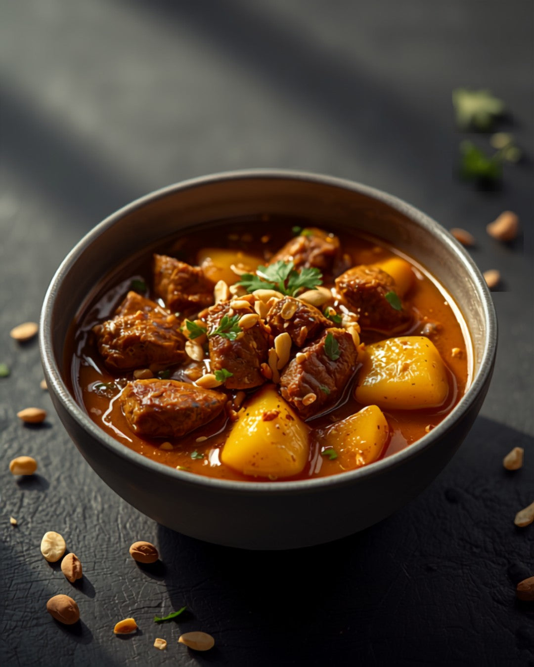 Thai Beef Massaman Curry in a stoneware bowl