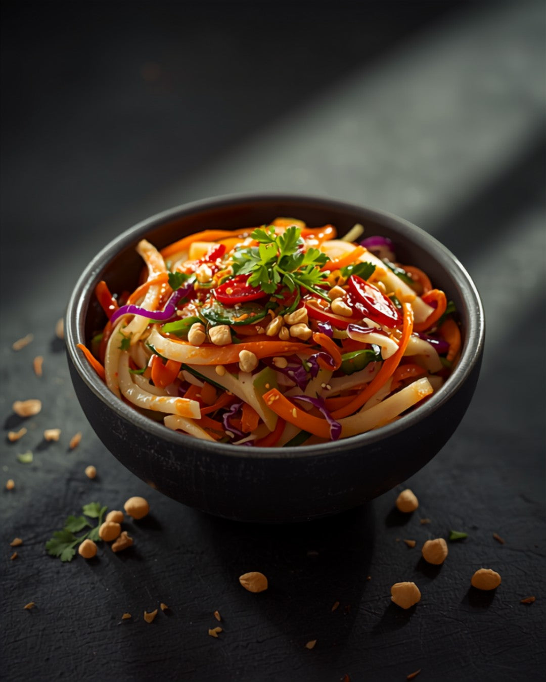 Thai Salad with peanuts and chilli in a stoneware bowl