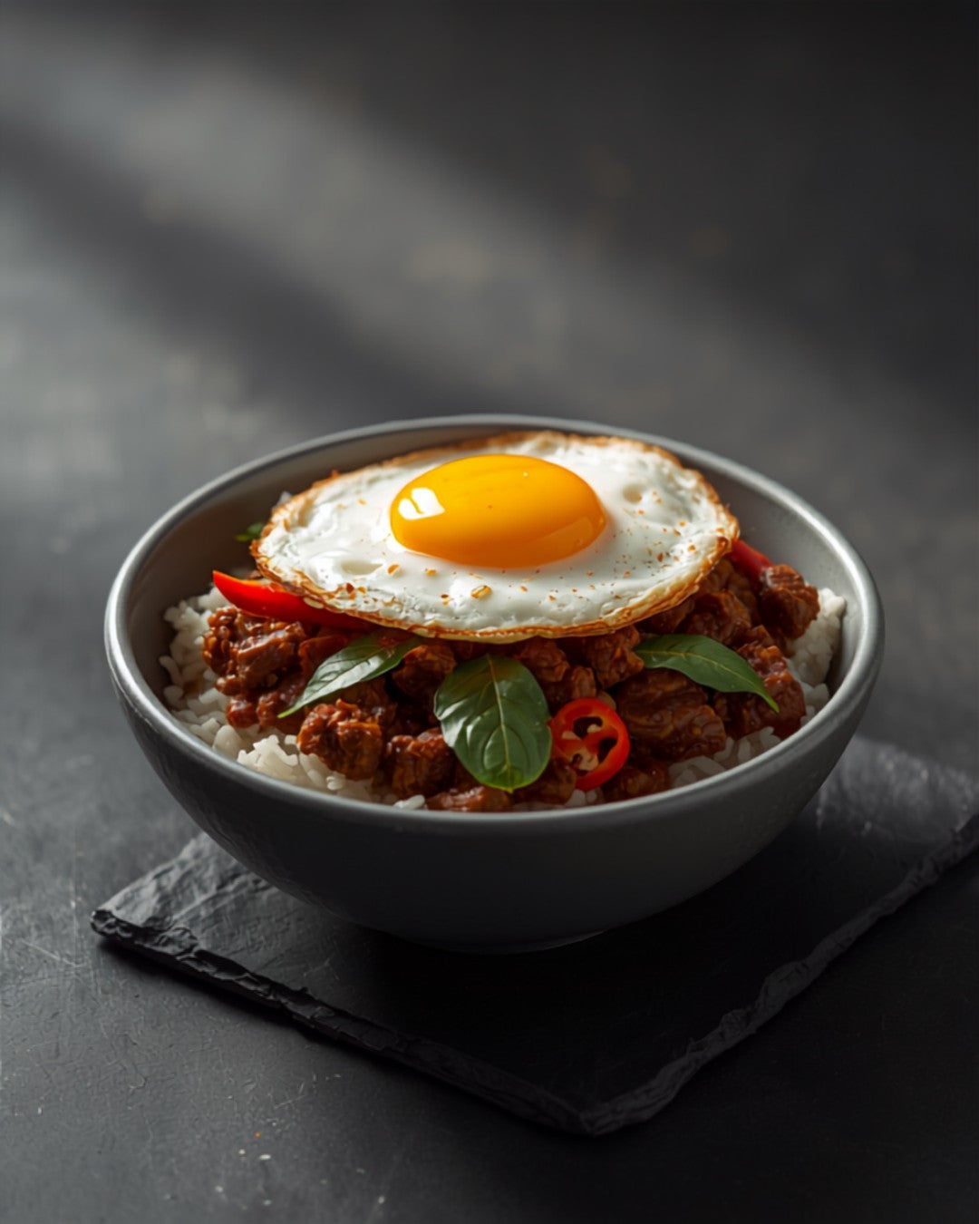 Beef Pad Kra Pao with jasmine rice and fried egg