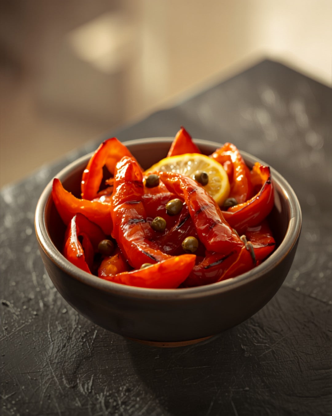 Grilled red peppers with preserved lemon and capers