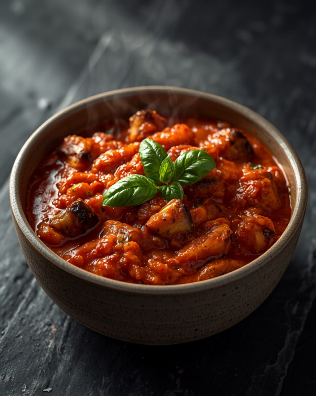 Pasta sauce alla Norma in a stoneware bowl